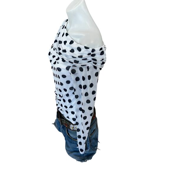 AFRM Black White Polkadot One Shoulder Mesh Top LARGE Ruched Sheer $48 - Picture 10 of 12